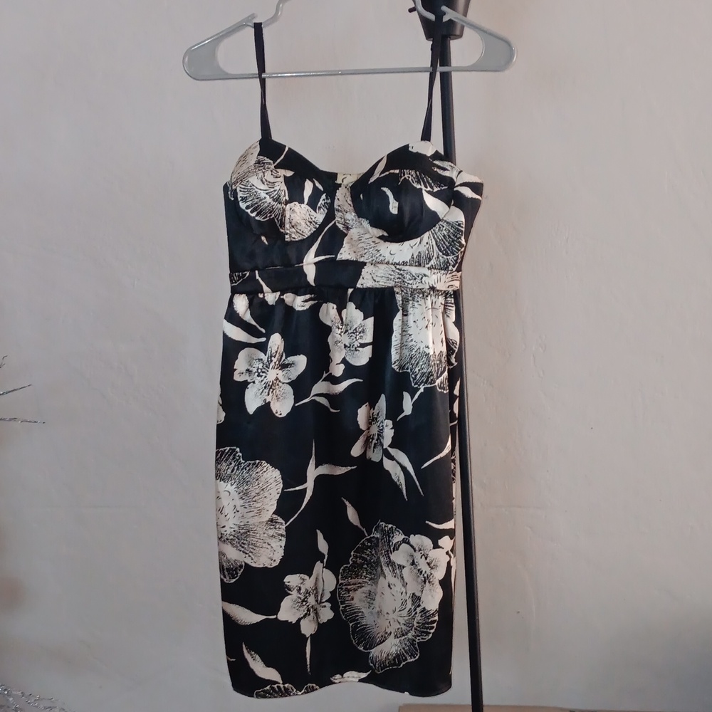 Black and White Floral Satin Dress - Size M